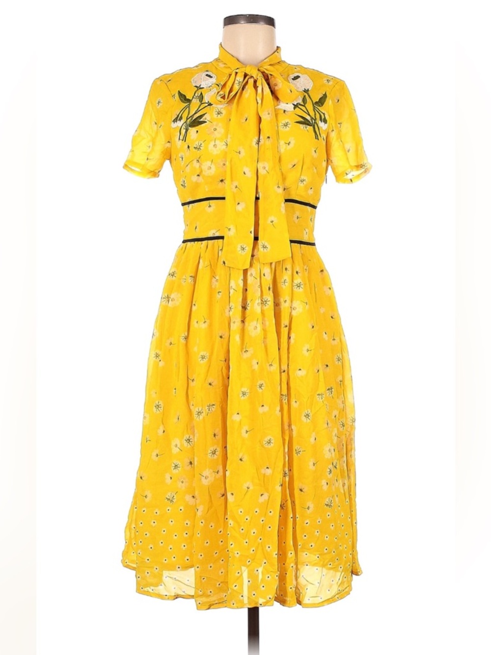 Yellow Floral Midi Dress with Contrast Waist